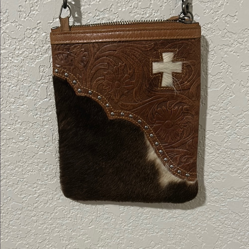 Brown and White Leather Crossbody Bag